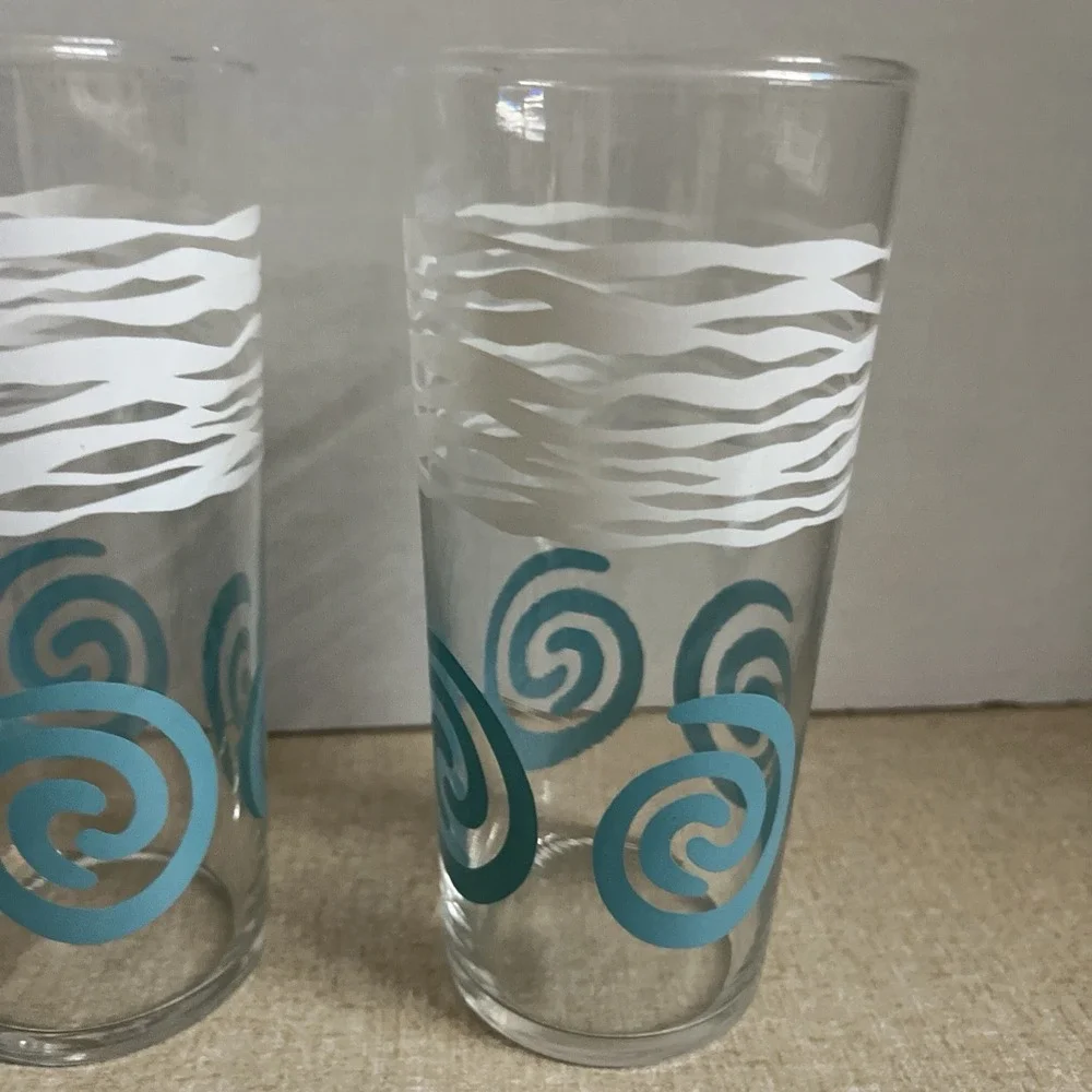 2- Vtg Federal Glass MC Tumblers Teal Swirl Circles 6 1/4
